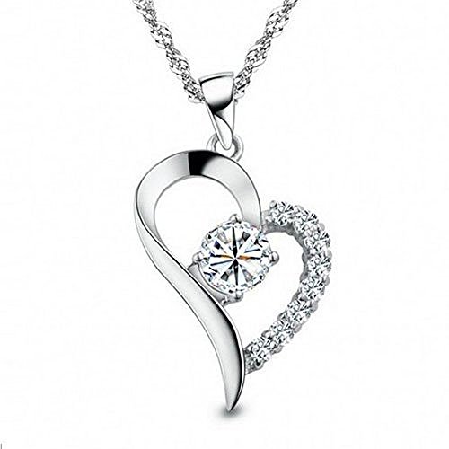 Charm Rhodium Plated Half with Cubic Zirconia Cz Diamond Accent Sterling Silver Open Heart Pendant Necklace for Women or for Girlfriend with Chain18