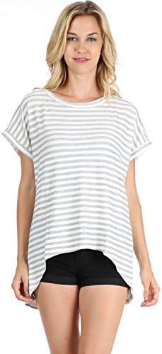 Le More French Terry Stripe Round Neck Short Sleeve Back Slit Top Large Grey