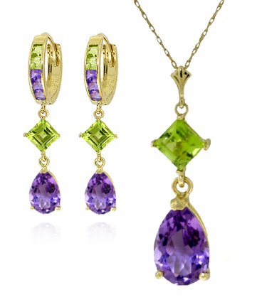 14k Necklace and Earrings with Peridots and Amethysts