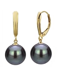 14k Yellow Gold 9-10mm Perfect Round Hand-pick Genuine Black Cultured Freshwater Pearl High Luster, Leverback Earring. Include Gift Box with Ribbon. Perfect for All Occasions.