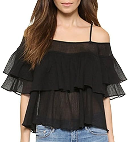 Fecland Women's Summer Ruffled Strap Enhancement Neck Short Sleeve Blouse Black XS