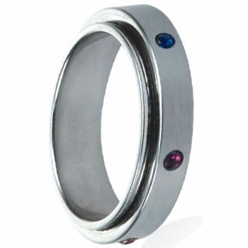 Spinning Rainbow Ring with Colored Stones around the Spinner Ring, 7.5