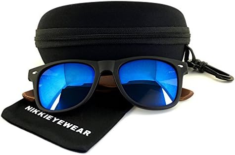 NIKKIEYEWEAR Bamboo Wooden Temples Sunglasses Classic Wayfarer Retro Square Wood Sunglasses (Blue, 55)
