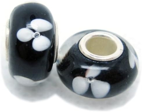 Bleek2Sheek Murano Glass Black with White Flowers Beads (set of 2) Fits Pandora