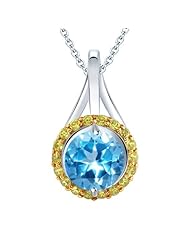 3.09 Ct Round Swiss Blue Topaz and Yellow Sapphire 925 Sterling Silver Pendant
