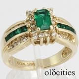 14K Yellow Gold Created Chatham Emerald & Diamond Ring - OldCities Estate Jewelry