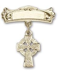 14K Gold Baby Badge with Celtic Cross Charm and Arched Polished Badge Pin