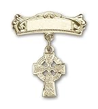 14kt Gold Baby Badge with Celtic Cross Charm and Arched Polished Badge Pin
