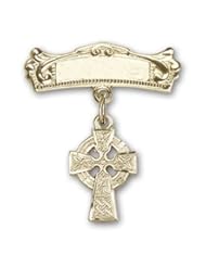 Gold Filled Baby Badge with Celtic Cross Charm and Arched Polished Badge Pin