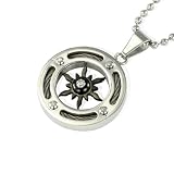 Stainless Steel Cubic Zirconia and Flaming Sun Wheel Medallion Pendant Necklace