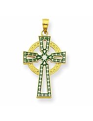 14K Gold Green & White Enameled Diamond-cut Celtic Cross Pendant