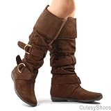 BAMBOO Yen68 Brown Buckle Slouchy Knee High Boots