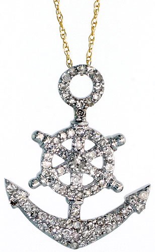 14k Gold 18 in. Thin Chain & 7/8 in. (23mm) tall White Gold Anchor Pendant, w/ 0.45 Carat Brilliant Cut Diamonds