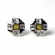 Men's Sterling Silver Earrings with Yellow Topaz Square and Clear CZ - 13 x 13 mm