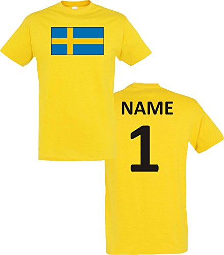 Uni T-Shirt Schweden Sweden Ländershirt mit Wunschnamen und Nummer, Farbe gelb, Größe XL