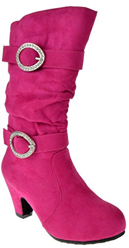 Valencia Little Girls Buckle Rhinestone Knee High Dress Boots Fuschia