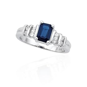 14K White Gold 1/4 ct. Round and Baguette Cut Diamond and 1 1/5 ct. Emerald Cut Sapphire Ring