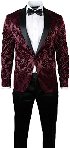 Warthel Mens Slim Fit Burgundy Black Suit Tuxedo Satin &amp; Velvet Wedding Party wine-maroon 36