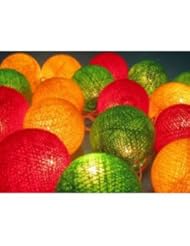 Christmas or Patio Party Light String Thai Vintage Handmade Asian Oriental Handcraft Art Colors Mix (Green Red Yellow) Yarn Cotton Ball lanterns (20/set) / Decor Accessory / Garden Decorative / Decor Modern Design from Thailand