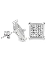 Square Shaped Sterling Silver Clear CZ Cubic Zirconia Diamond Stud Earrings - Size 18mm