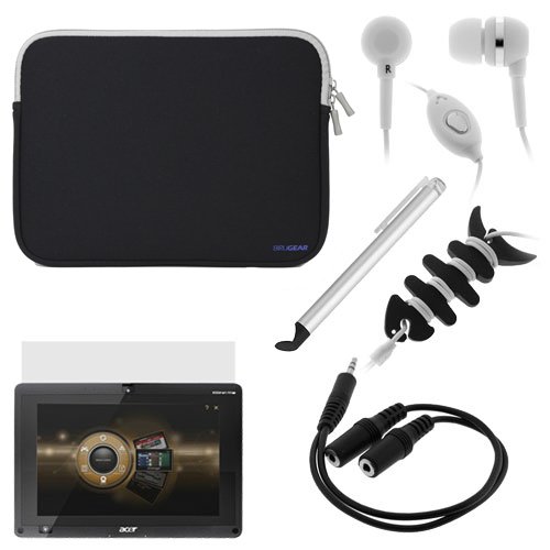 BIRUGEAR Black Neoprene Zipper Pouch Case + LCD Screen Protector + Audio Y Extension Cable + Microphone Headset + Universal Silver Mini Stylus with Flat Tip + Fishbone Headset Wrap for Acer Iconia Tab W500