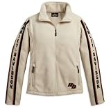 Harley Davidson Women's Comfort Cruiser Fleece Jacket. NEW for 2009. 100% polyester fleece. Contrast stripe down sleeves. Two zipper hand-warmer pockets. Embroidered graphics down sleeves, on lover left waist, and on back. Draw cord at waist for cinching. 98426-09VW-Off-White; 98419-09VW-Black.