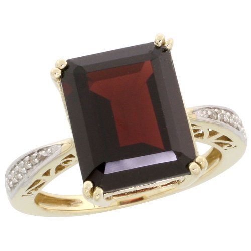 10k Gold Rectangular Stone Ring, w/ 0.05 Carat Brilliant Cut Diamonds & 6.97 Carats (12x10mm) Emerald Cut Garnet Stone, 1/2 in. (13mm) wide