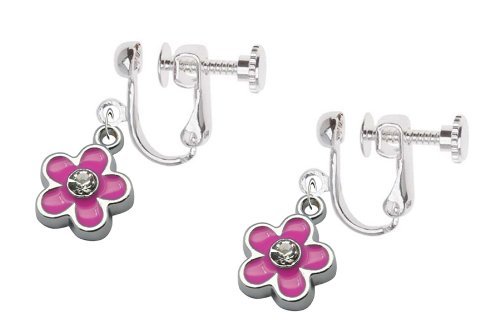 Kids Clip On Screw Type Earrings Pink Flower with Crystal with Free Trinket Gift Box