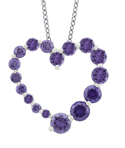 Platinum Plated Sterling Silver Purple Cubic Zirconia Journey Heart-Shaped Pendant, 16" +  2" E x tender