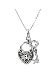 Sterling Silver Heart Lock and Key Padlock Pendant Necklace on 18" Box Chain