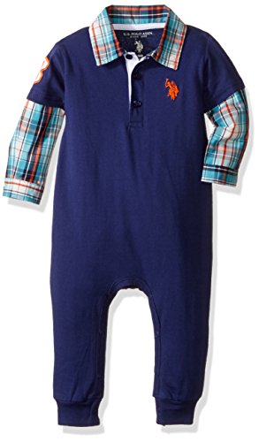 U.S. Polo Assn. Boys' Long Sleeve 2 Fer Romper, Marina Blue, 24M