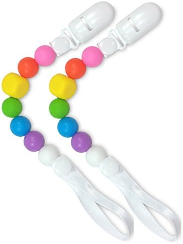 Pacifier Clip - Universal Teething Baby Silicone Beads Best Holder for Girl Unisex (2 Pack Rainbow Fun)