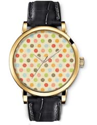 SPRAWL Aanalog Fashion Series Gold Ladies Watches of Genuine Black Leather Strap,Unique Wrist Watch for Women Girls Designed with Colored dots