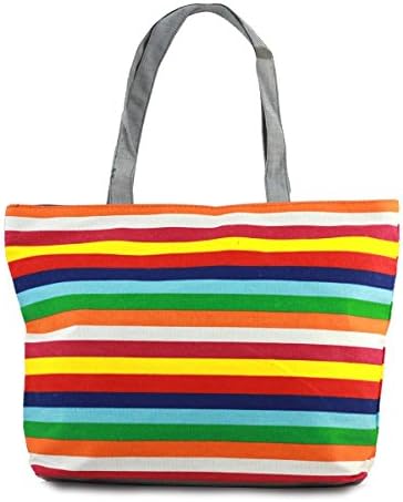 HUIB Women's Heavy-Duty Cotton Colorful Stripes Pattern Bohemia Canvas Tote Bag Shoulder Bags Roomy Tote Beach Bag(AB034-20-16)