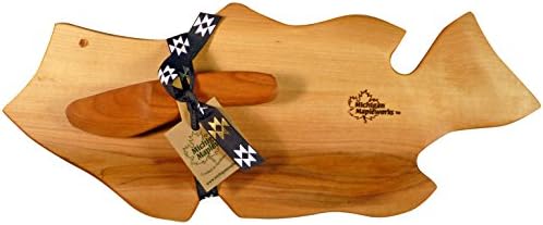 Michigan Mapleworks Bass Shaped Maple Cheese Cutting Board with Small Cherry Wood Spreader Gift Set