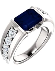 14K White Gold 9.00x7.00mm Emerald Cut Chatham Created Sapphire and Diamond Ring -- LIFETIME WARRANTY