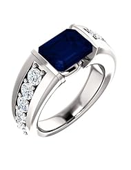 18K White Gold 9.00x7.00mm Emerald Cut Chatham Created Sapphire and Diamond Ring -- LIFETIME WARRANTY