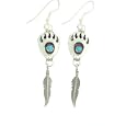 Sterling-silver Navajo Bear claw and turquoise drop-earrings W/Feather