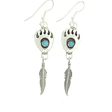 Sterling-silver Navajo Bear claw and turquoise drop-earrings W/Feather