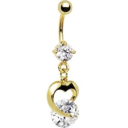 Gold Plated Cz Solitaire Cz Hollow Heart Dangle Belly Ring