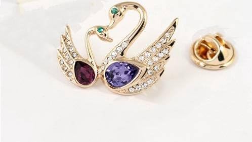 Lover's Gift Purple and Violet Crystal 18K Gold Plated Mandarin Ducks Brooch Pin Jewelry