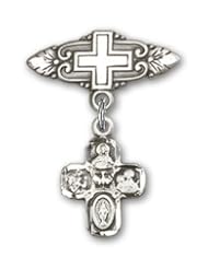 Sterling Silver Baby Badge with 4-Way Charm and Badge Pin with Cross
