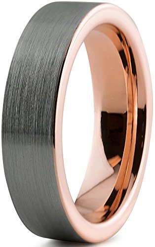 Tungsten Wedding Band Ring 6mm for Men Women Comfort Fit 18K Rose Gold Plated Pipe Cut Flat Brushed Polished Lifetime Guarantee