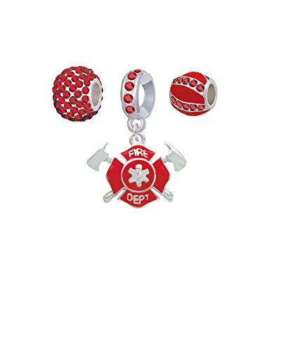 Red Fire Department Shield with Axes - Sparkle Red Charm Beads (Set of 3)