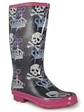 NEW WOMENS LADIES BLACK PINK SKULL CROWN WELLIES WELLINGTON WATERPROOF BOOTS SIZ 5 6