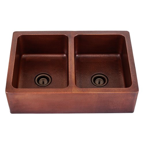 C27 Apron 16-Gauge Hammered Copper Double-Bowl Square Kitchen Sink