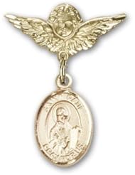 14K Gold Baby Badge with St. Paul the Apostle Charm and Angel with Wings Badge Pin