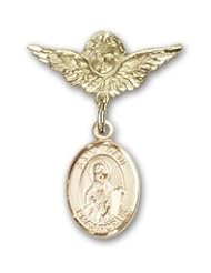 Gold Filled Baby Badge with St. Paul the Apostle Charm and Angel with Wings Badge Pin