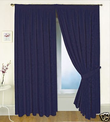 BRAND NEW FULLY LINED 90 x 90JACQUARD CURTAINS + TWO MATCHING TIEBACKS (SOFIA) NAVY