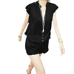 Allegra K Ladies V Neck Drawstring Waist Short Jumpsuit Black XS